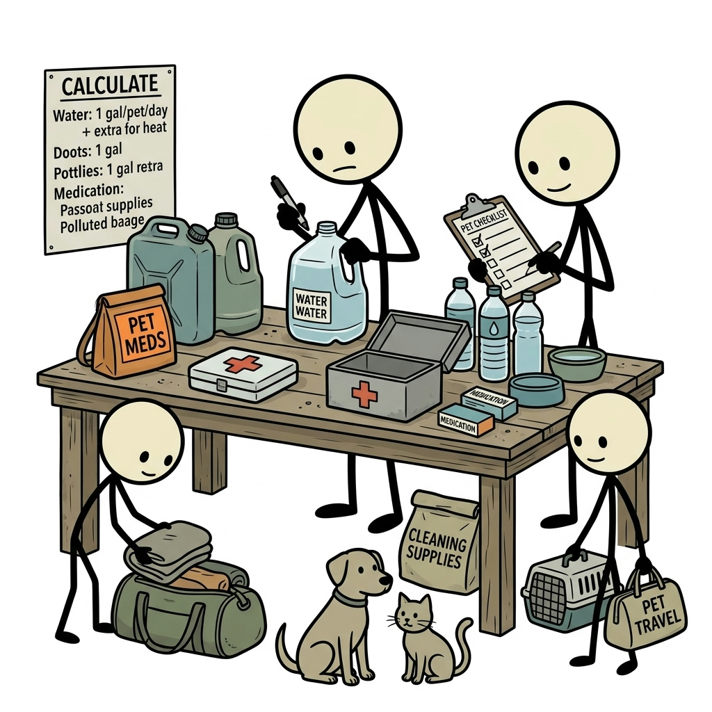 SC-style illustration for Calculate water for common pets and account for heat, travel, medication, and cleaning.