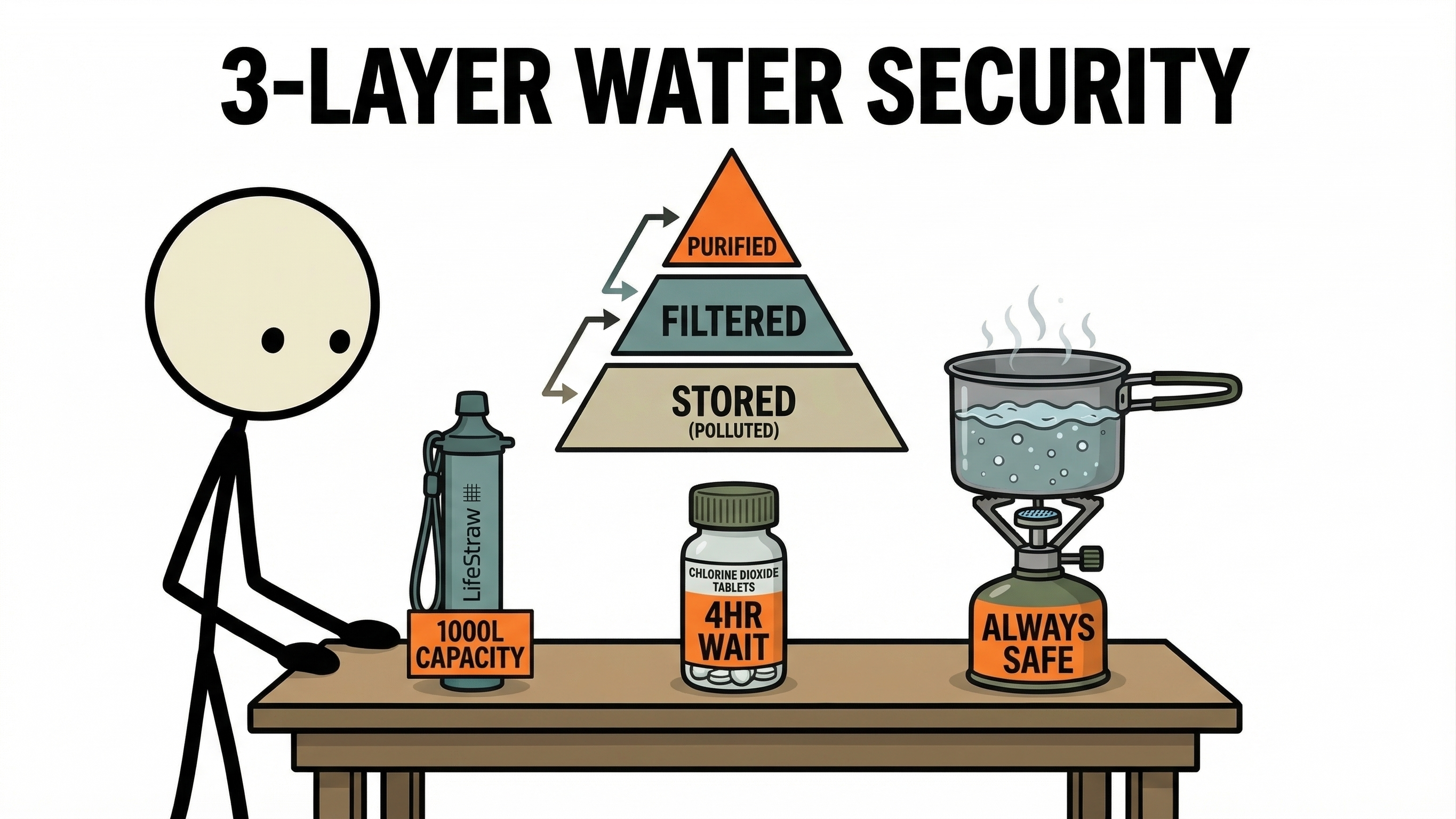Stick figure using water filter and purification tablets