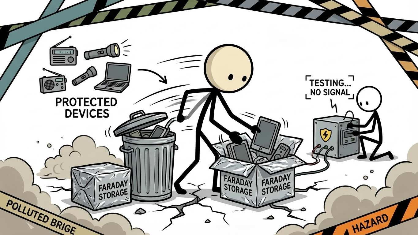 SC-style illustration for practical EMP preparedness for households including Faraday storage options, protected device priorities, and testing methods