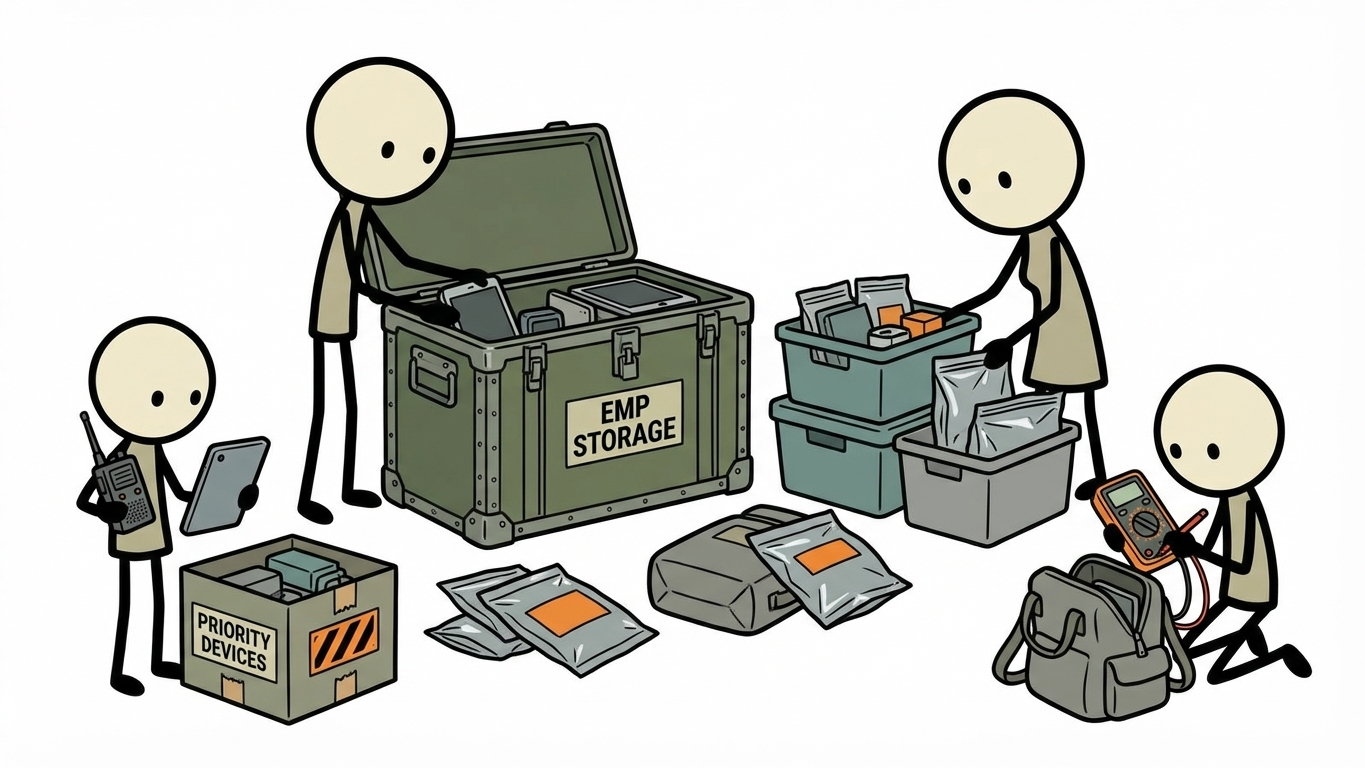 SC-style illustration for practical EMP preparedness for households including Faraday storage options, protected device priorities, and testing methods