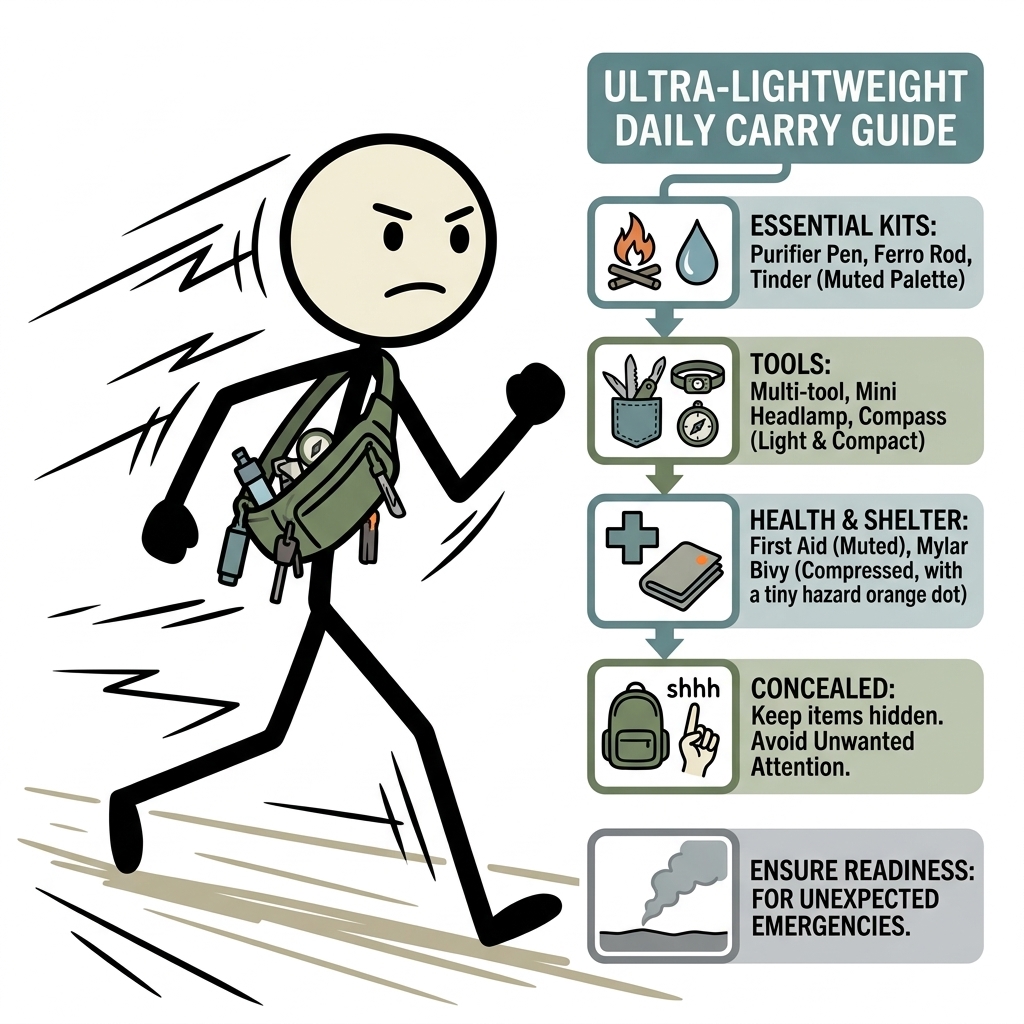 SC-style illustration for A comprehensive guide detailing the essential, lightweight survival gear that preppers should carry daily to ensure readiness for unexpected emergencies without attracting unwanted attention.