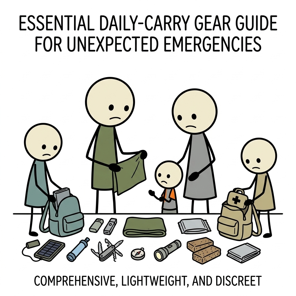 SC-style illustration for A comprehensive guide detailing the essential, lightweight survival gear that preppers should carry daily to ensure readiness for unexpected emergencies without attracting unwanted attention.