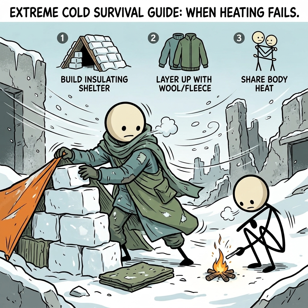 SC-style illustration for Survival guide for extreme cold scenarios when normal heating is unavailable