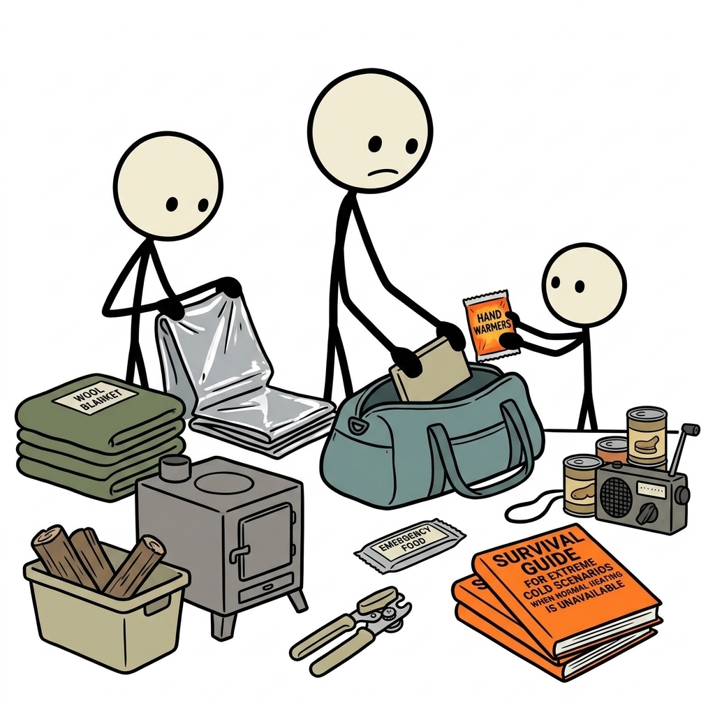 SC-style illustration for Survival guide for extreme cold scenarios when normal heating is unavailable