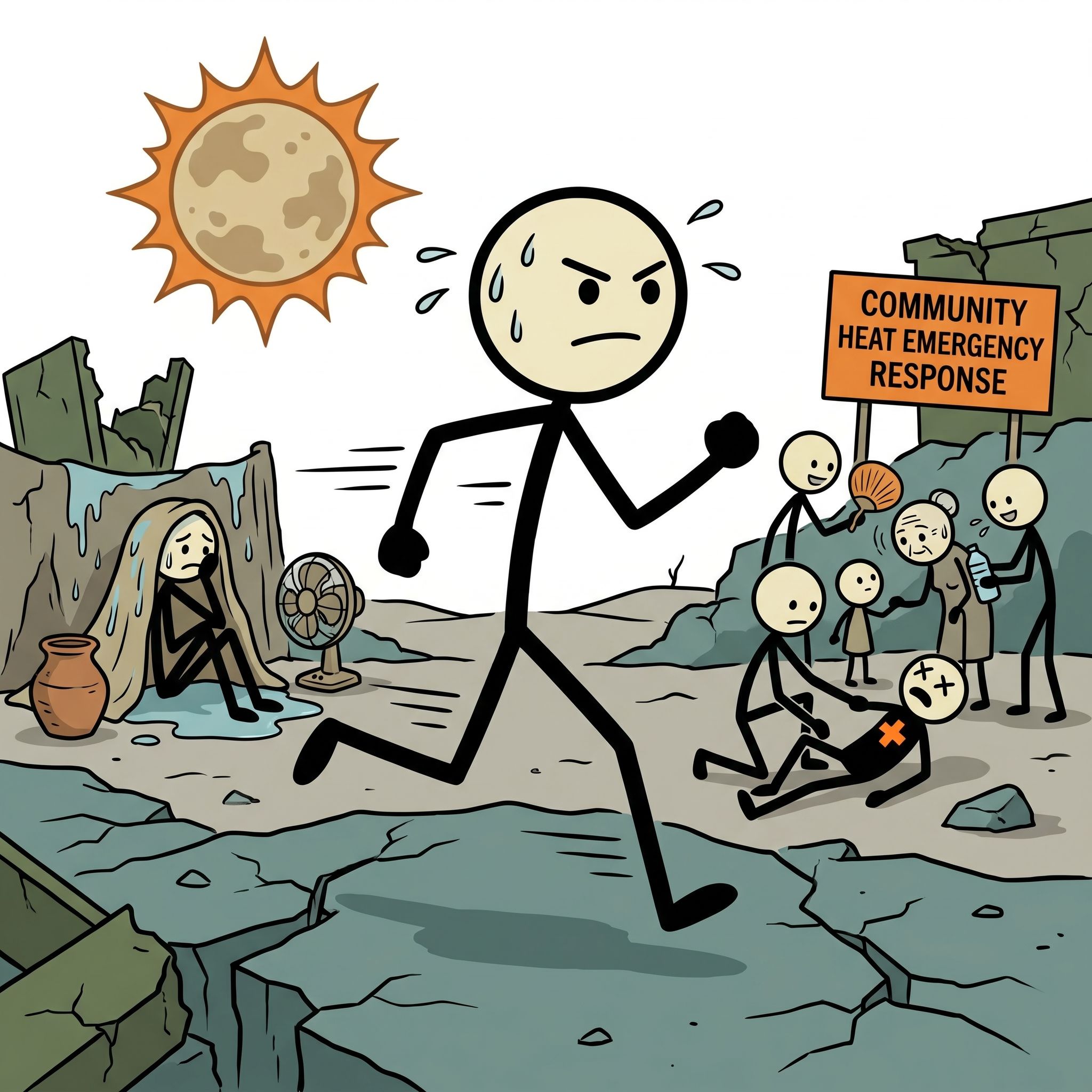 SC-style illustration for Covers how to survive extended heat waves and heat domes, including cooling strategies without AC, heat stroke recognition and treatment, vulnerable populations, and community heat emergency response.