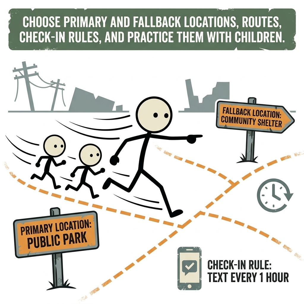 SC-style illustration for Choose primary and fallback locations, routes, check-in rules, and practice them with children.