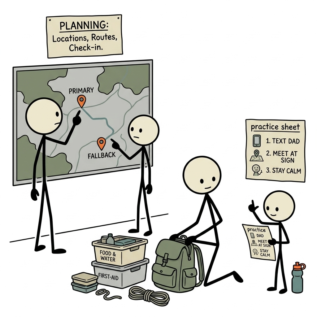 SC-style illustration for Choose primary and fallback locations, routes, check-in rules, and practice them with children.
