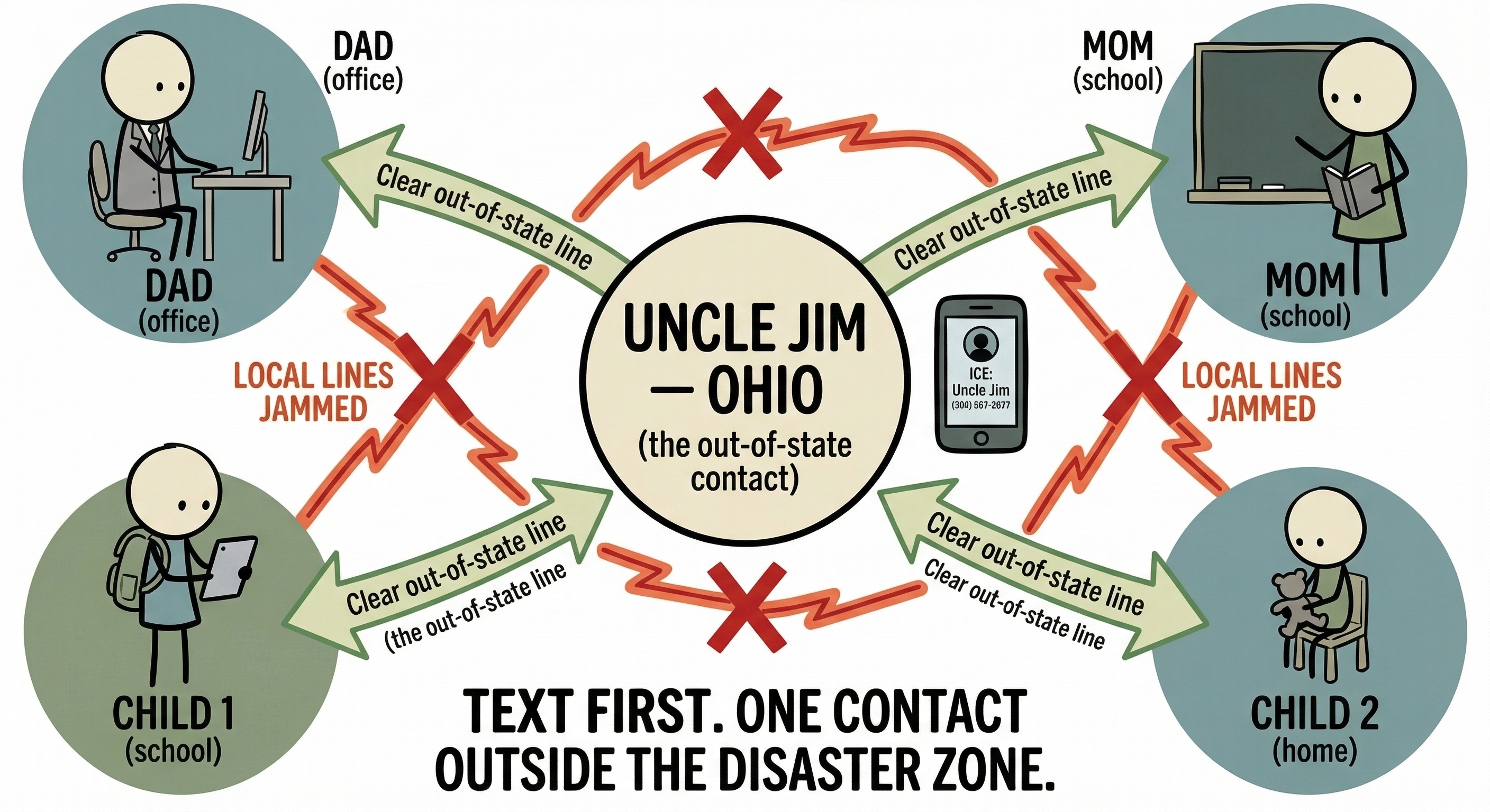 Stick figure family establishing out-of-state contact
