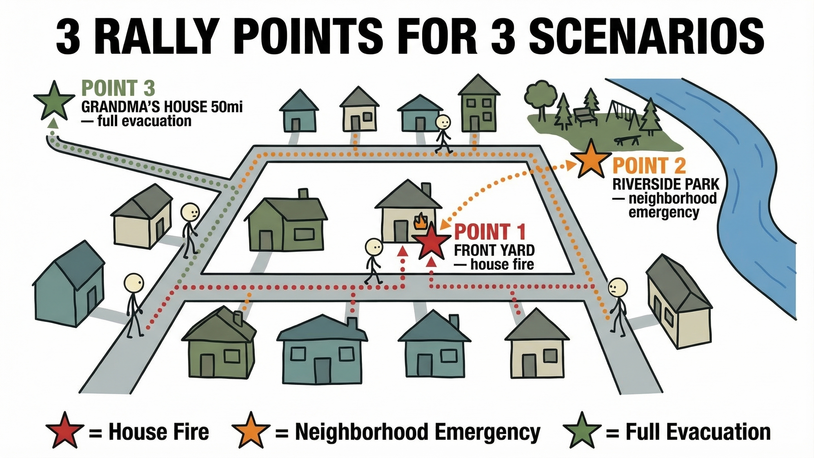 Stick figure family map with rally points marked