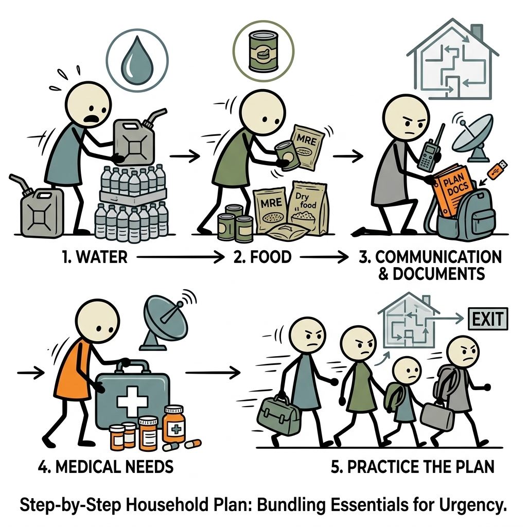 SC-style illustration for Bundle water, food, communication, documents, medical needs, and practice into a step-by-step household plan.