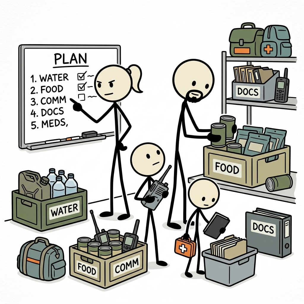 SC-style illustration for Bundle water, food, communication, documents, medical needs, and practice into a step-by-step household plan.