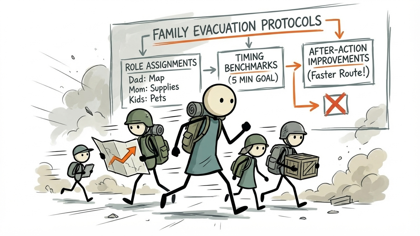 SC-style illustration for building and rehearsing family evacuation protocols with role assignments, timing benchmarks, and after-action improvements