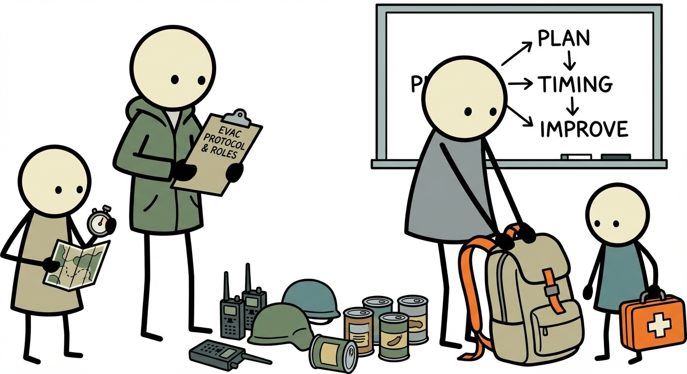 SC-style illustration for building and rehearsing family evacuation protocols with role assignments, timing benchmarks, and after-action improvements
