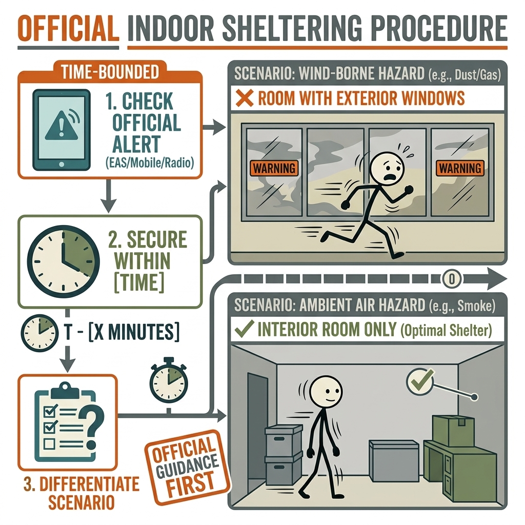 SC-style illustration for Differentiate indoor sheltering scenarios and give a time-bounded, official-guidance-first procedure.