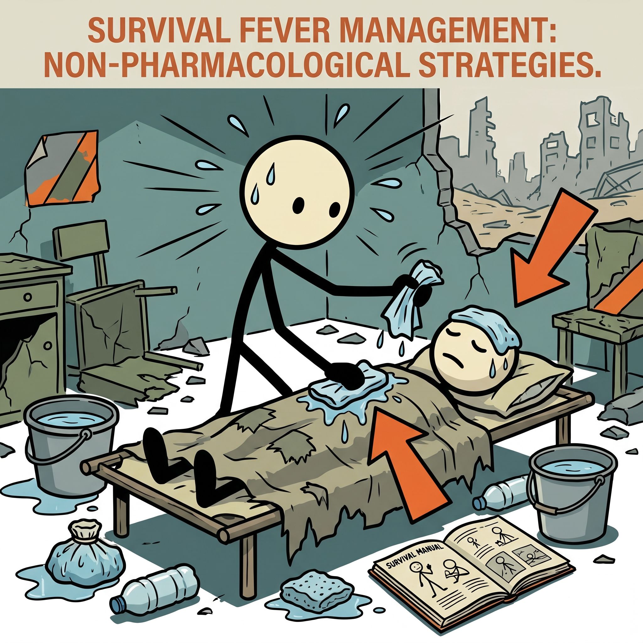 SC-style illustration for This post provides actionable, survival-focused strategies for safely managing and reducing high fevers using non-pharmaceutical methods, physical cooling techniques, and hydration protocols when medical supplies and pharmacies are unavailable.