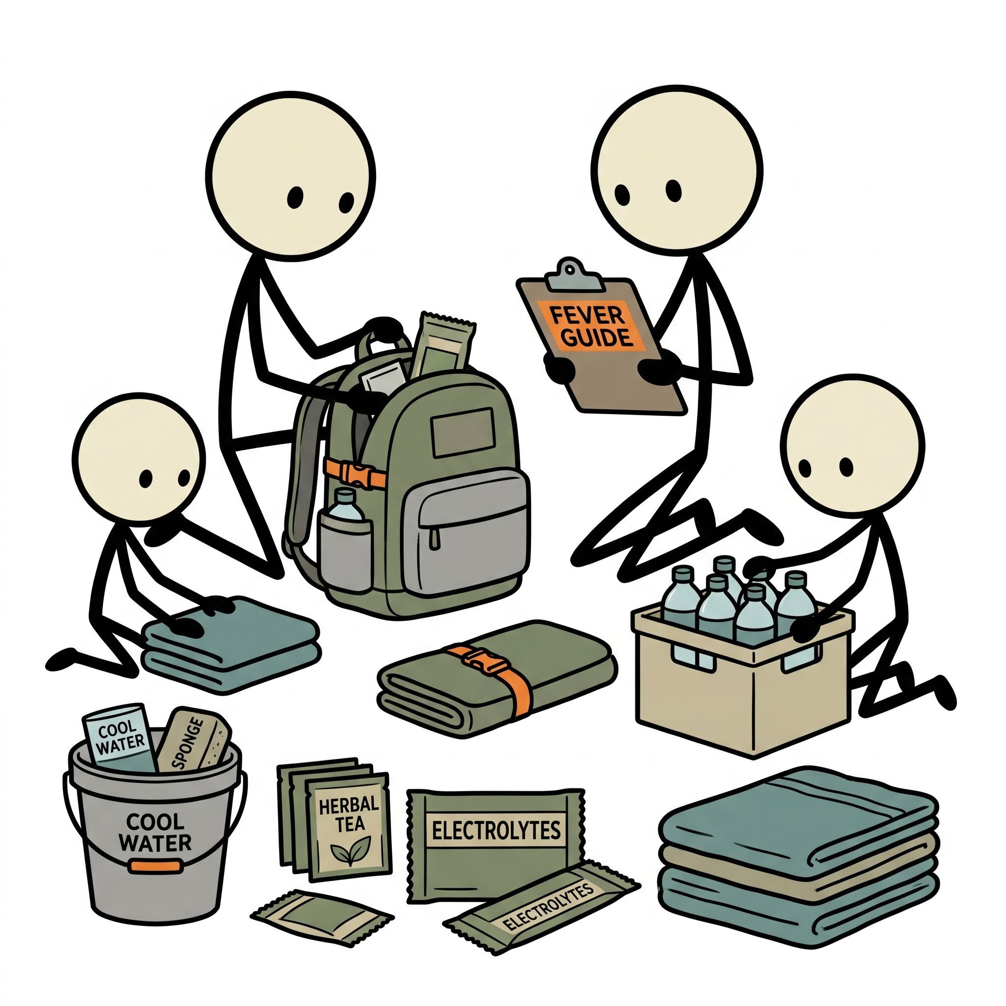 SC-style illustration for This post provides actionable, survival-focused strategies for safely managing and reducing high fevers using non-pharmaceutical methods, physical cooling techniques, and hydration protocols when medical supplies and pharmacies are unavailable.