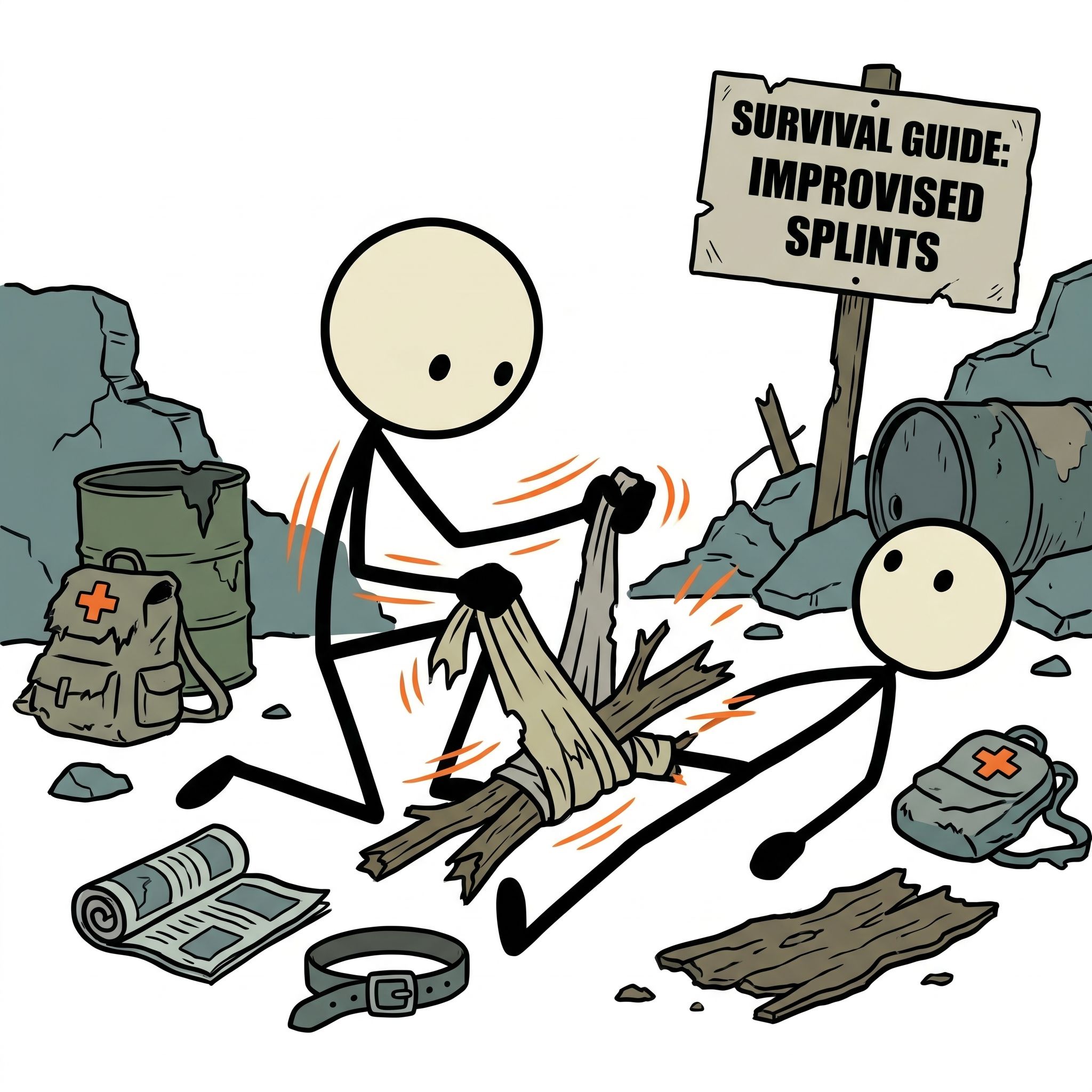 SC-style illustration for This comprehensive guide teaches outdoor enthusiasts and survivalists how to safely immobilize and splint bone fractures using improvised materials when professional medical help is unavailable.
