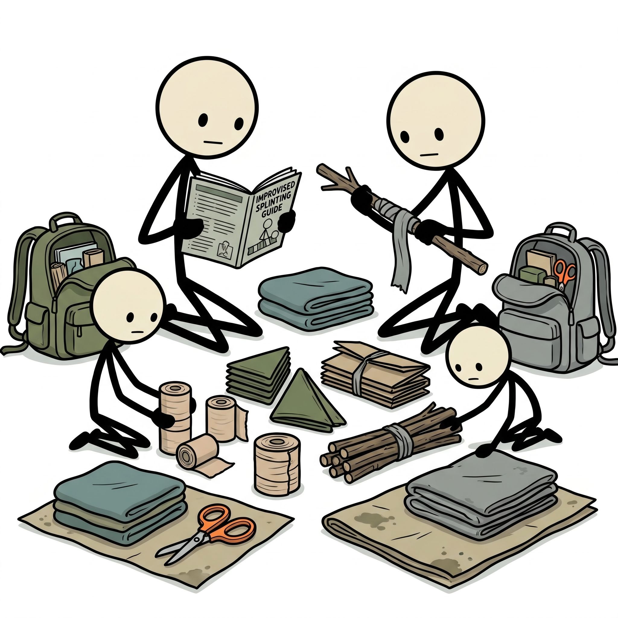 SC-style illustration for This comprehensive guide teaches outdoor enthusiasts and survivalists how to safely immobilize and splint bone fractures using improvised materials when professional medical help is unavailable.