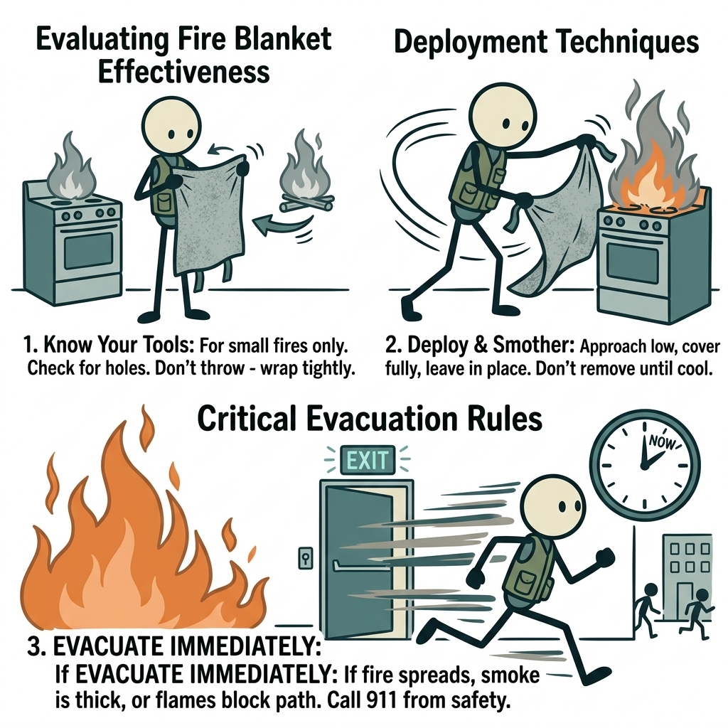 SC-style illustration for A practical emergency preparedness guide evaluating fire blanket effectiveness, deployment techniques for household blazes, and critical rules for knowing when to evacuate immediately.