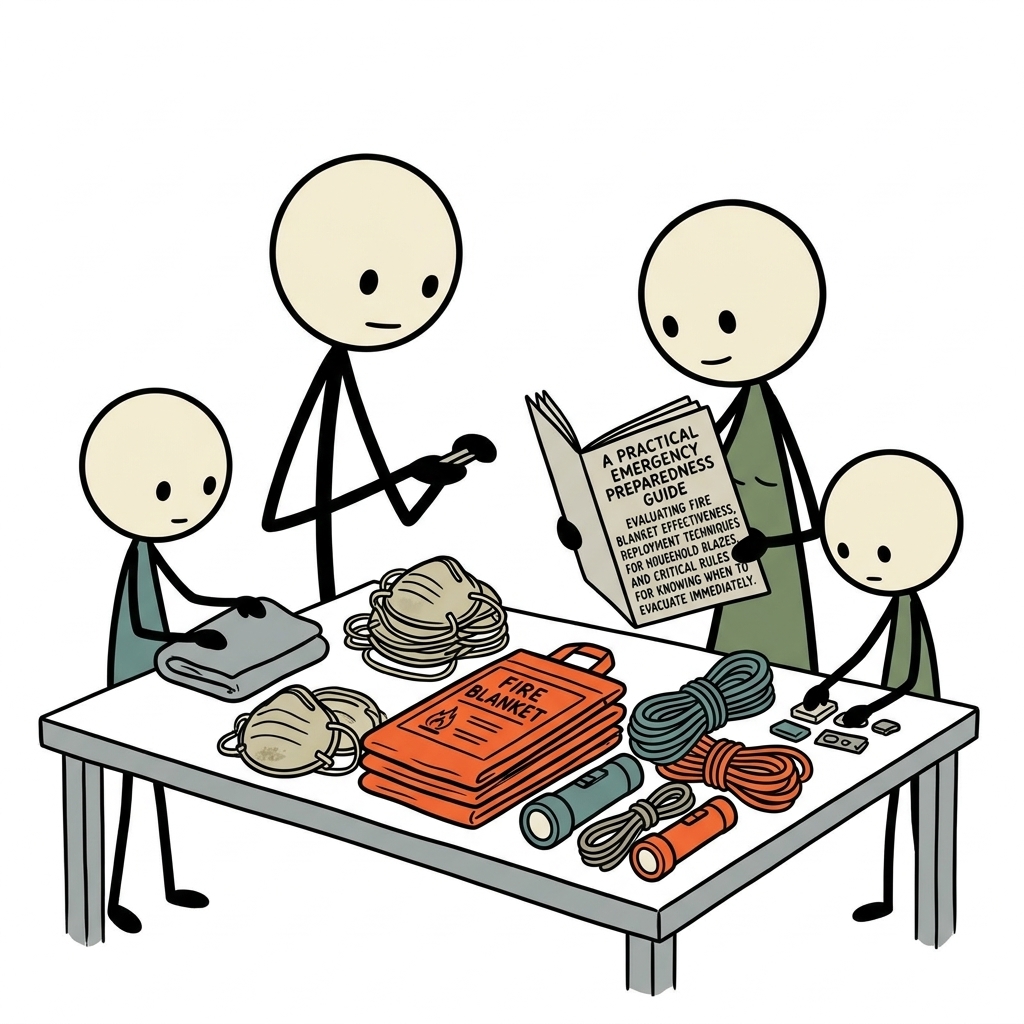SC-style illustration for A practical emergency preparedness guide evaluating fire blanket effectiveness, deployment techniques for household blazes, and critical rules for knowing when to evacuate immediately.
