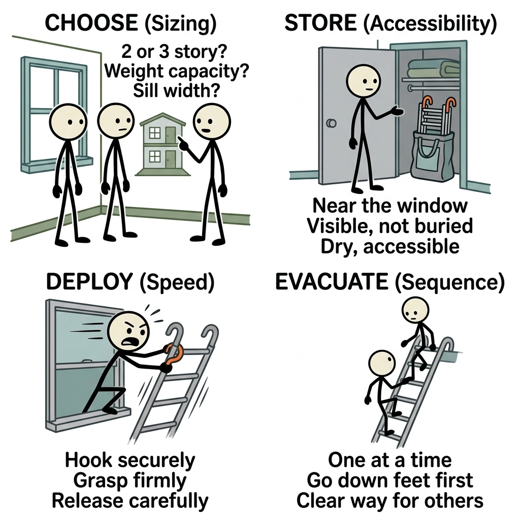 SC-style illustration for A practical preparedness guide detailing how to choose, store, and rapidly deploy a fire escape ladder for a secure second-story home evacuation.