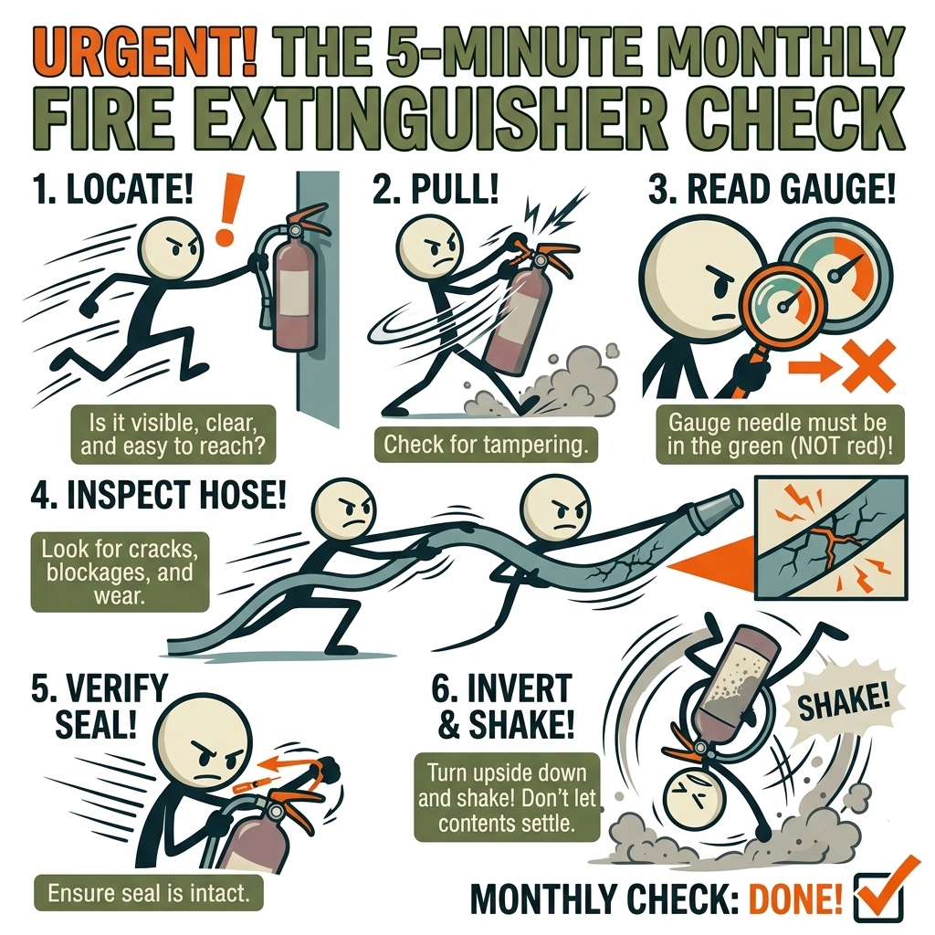 SC-style illustration for A practical, step-by-step guide detailing how homeowners can conduct a simple 5-minute monthly fire extinguisher check to ensure equipment functionality in an emergency.