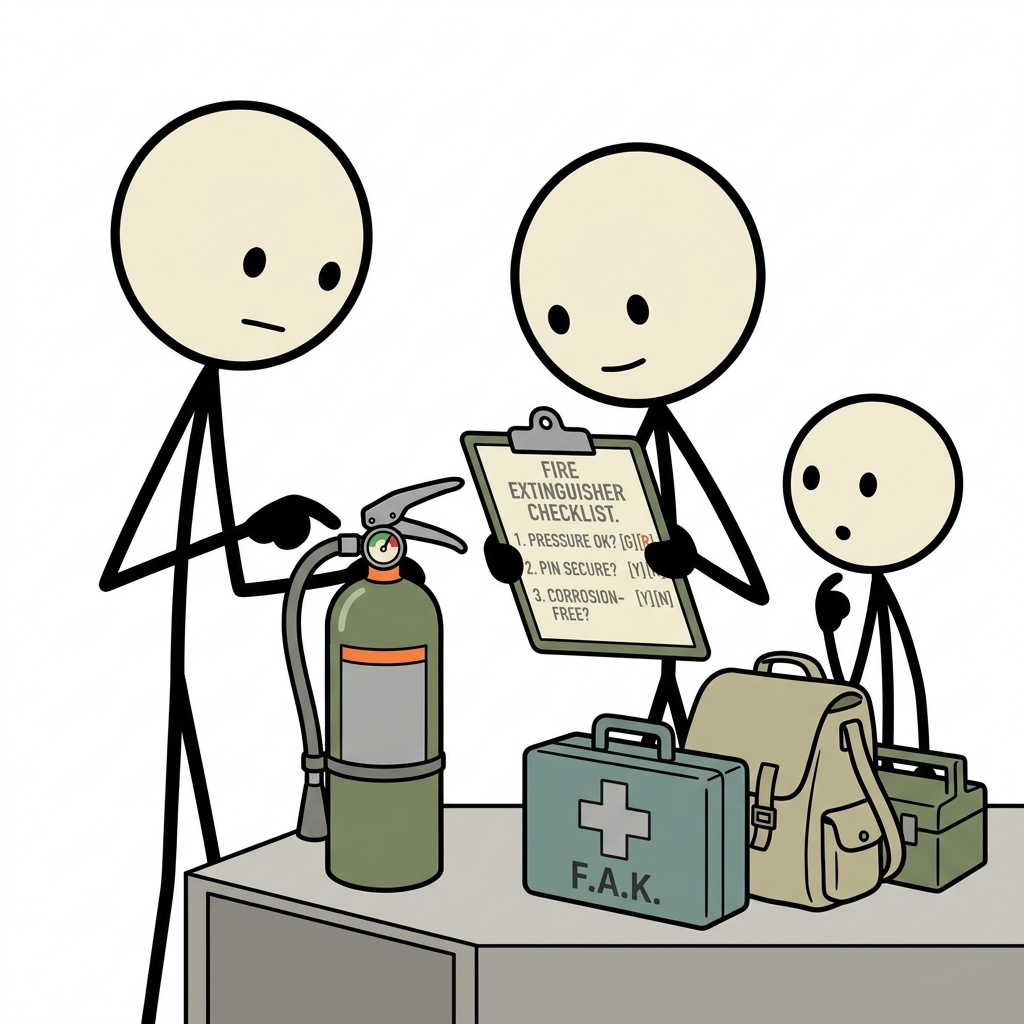 SC-style illustration for A practical, step-by-step guide detailing how homeowners can conduct a simple 5-minute monthly fire extinguisher check to ensure equipment functionality in an emergency.