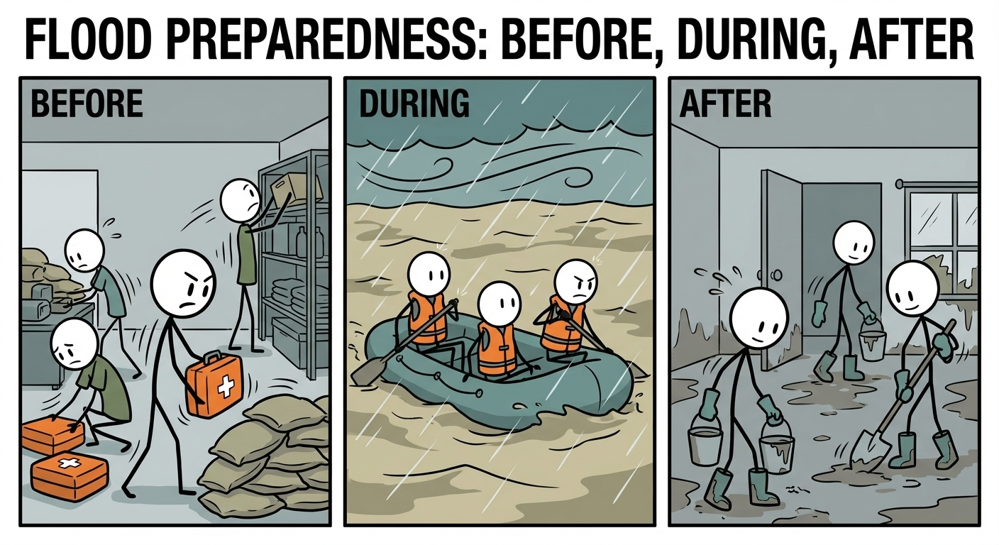 SC-style illustration for Flood Preparedness for Home and Evacuation: Before, During, After