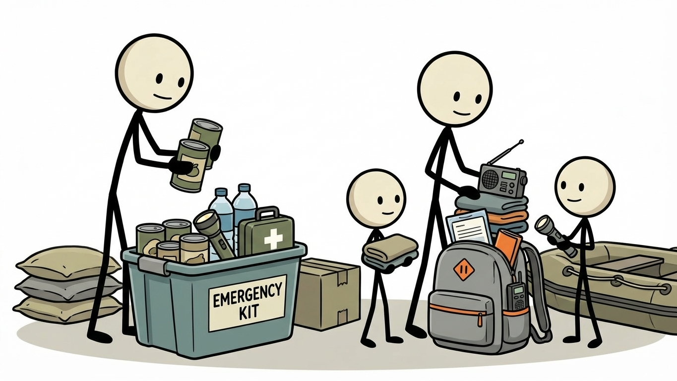 SC-style illustration for Flood Preparedness for Home and Evacuation: Before, During, After