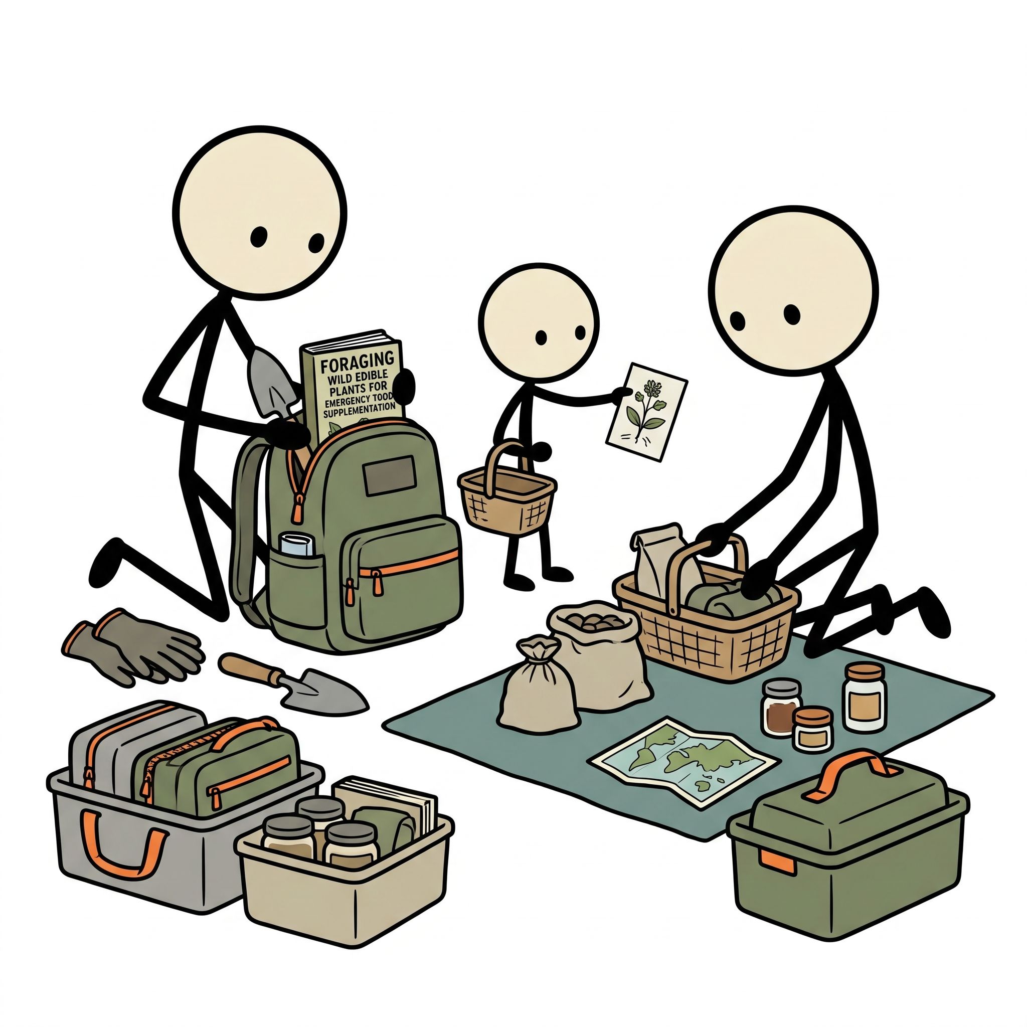 SC-style illustration for Introduction to foraging wild edible plants for emergency food supplementation