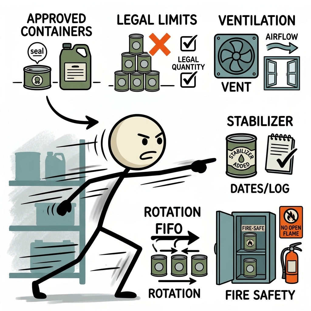 SC-style illustration for Explain approved containers, legal limits, ventilation, stabilizer, rotation, and fire safety.