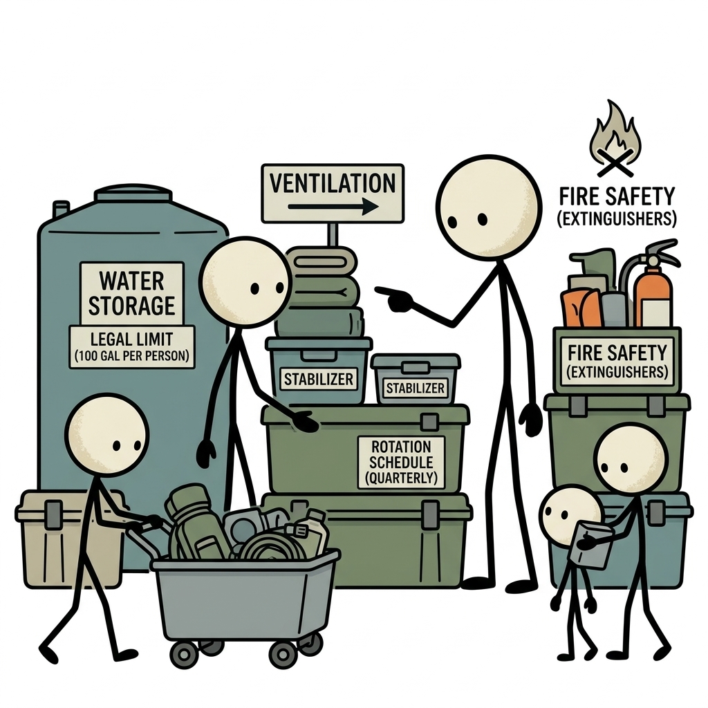 SC-style illustration for Explain approved containers, legal limits, ventilation, stabilizer, rotation, and fire safety.