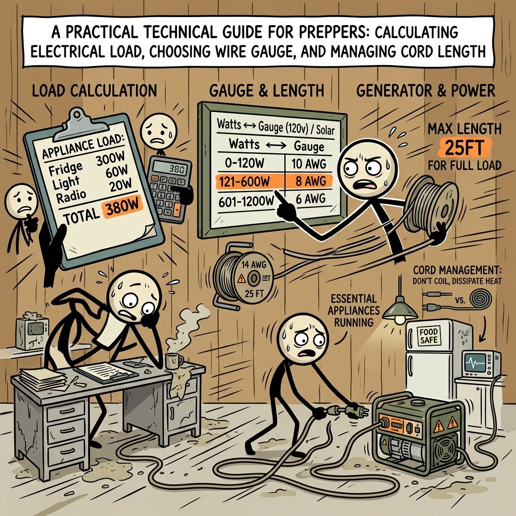 SC-style illustration for A practical technical guide for preppers on calculating electrical load, choosing the correct wire gauge, and managing cord length to safely run essential appliances from an emergency generator.