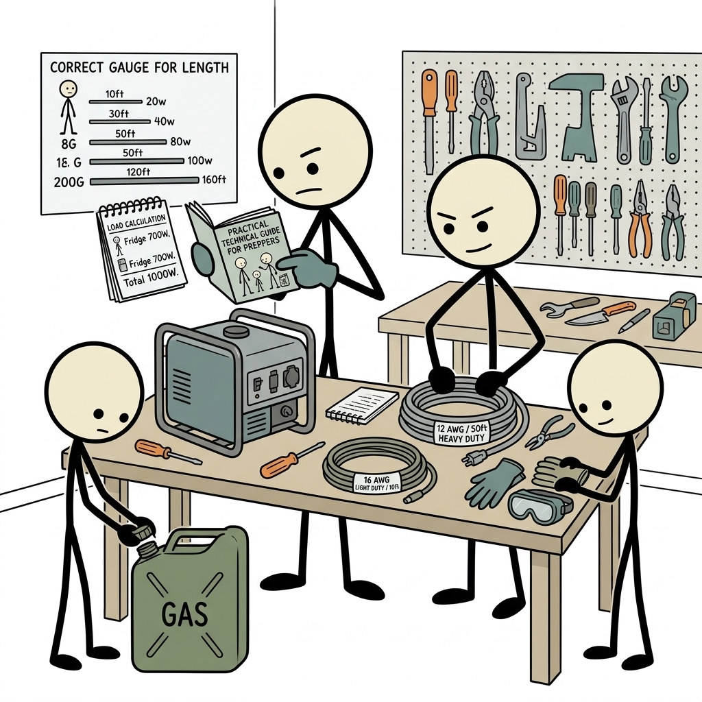 SC-style illustration for A practical technical guide for preppers on calculating electrical load, choosing the correct wire gauge, and managing cord length to safely run essential appliances from an emergency generator.