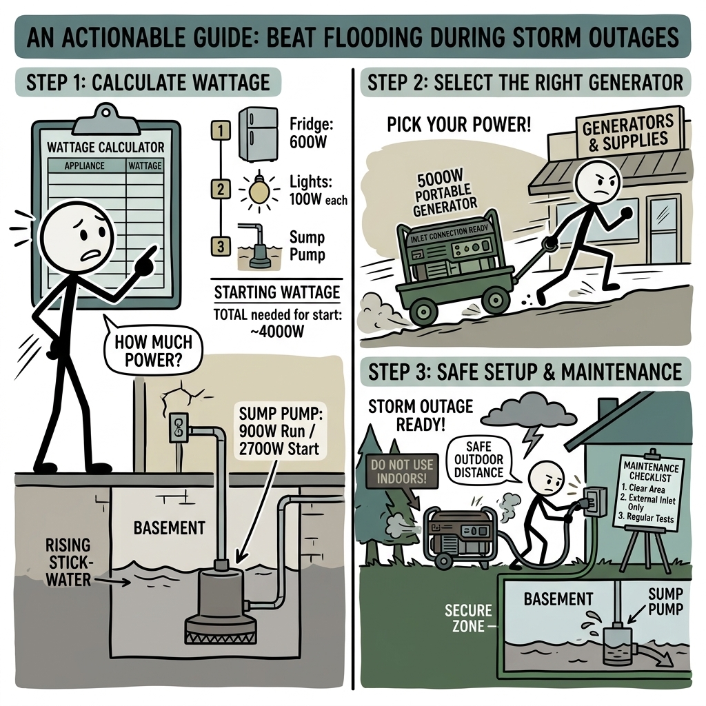 SC-style illustration for An actionable preparedness guide detailing how to calculate wattage, select the right generator, and safely maintain backup power to prevent basement flooding during prolonged storm outages.