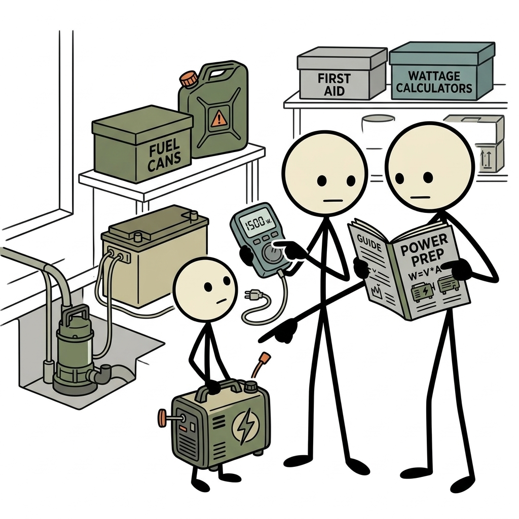 SC-style illustration for An actionable preparedness guide detailing how to calculate wattage, select the right generator, and safely maintain backup power to prevent basement flooding during prolonged storm outages.