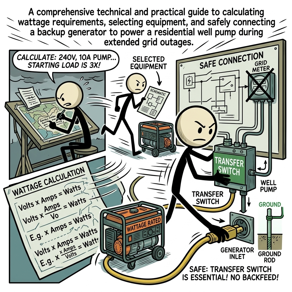 SC-style illustration for A comprehensive technical and practical guide to calculating wattage requirements, selecting equipment, and safely connecting a backup generator to power a residential well pump during extended grid outages.