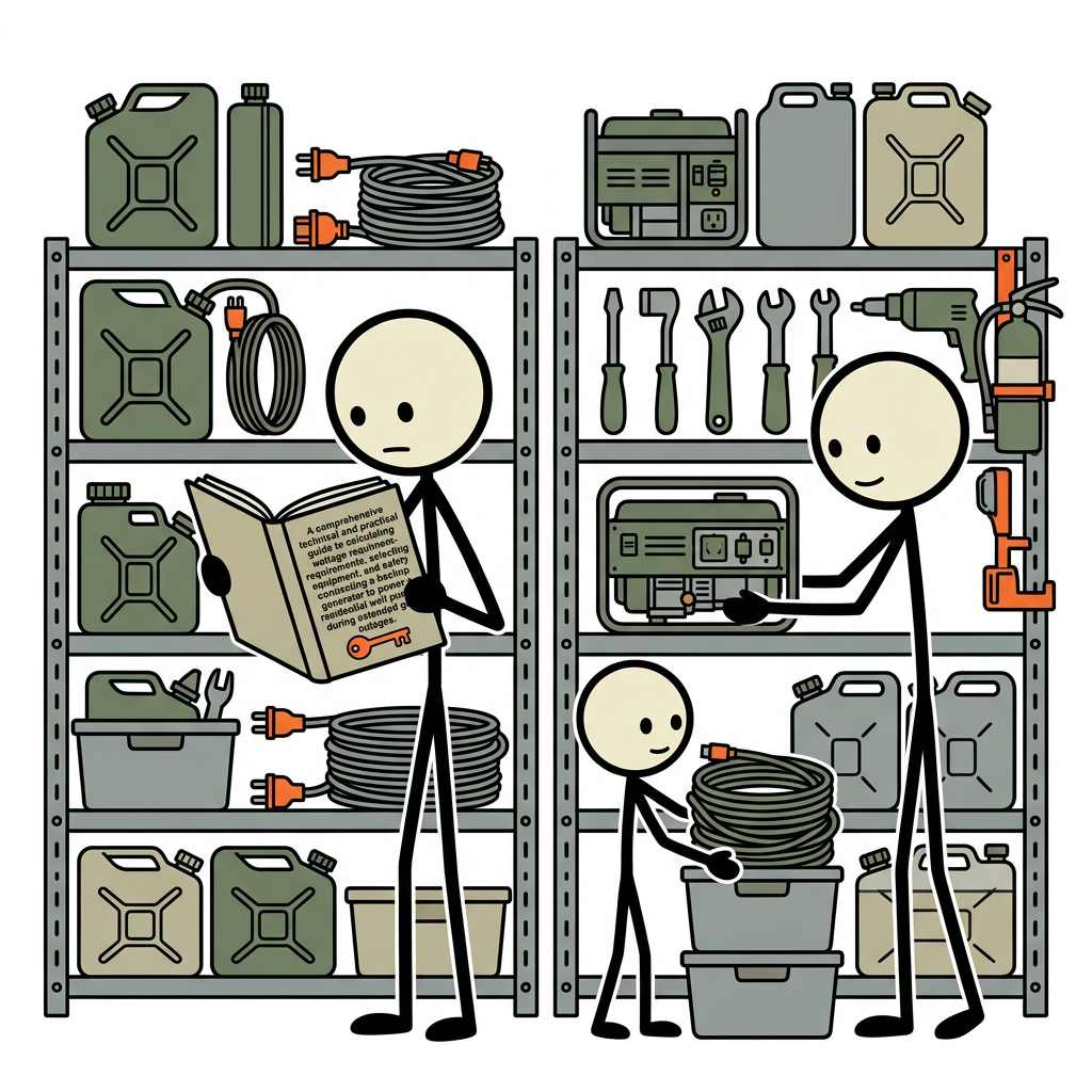 SC-style illustration for A comprehensive technical and practical guide to calculating wattage requirements, selecting equipment, and safely connecting a backup generator to power a residential well pump during extended grid outages.