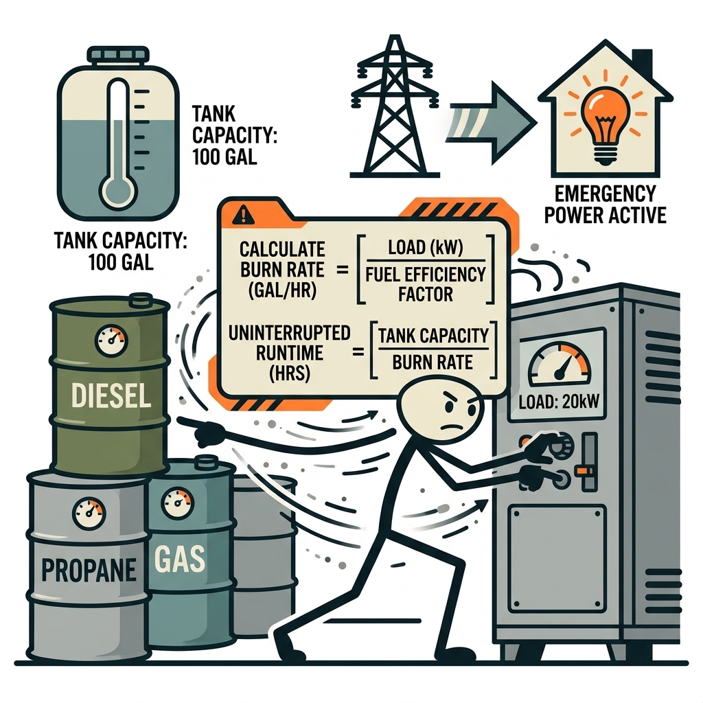 SC-style illustration for A practical guide to calculating generator fuel burn rates based on electrical load, fuel type, and tank capacity to maintain uninterrupted emergency power during an outage.