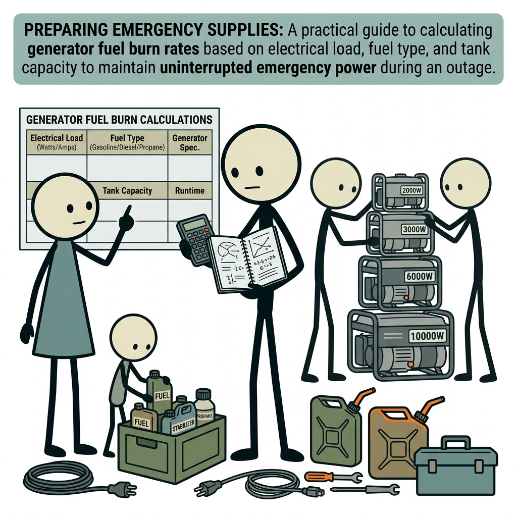 SC-style illustration for A practical guide to calculating generator fuel burn rates based on electrical load, fuel type, and tank capacity to maintain uninterrupted emergency power during an outage.