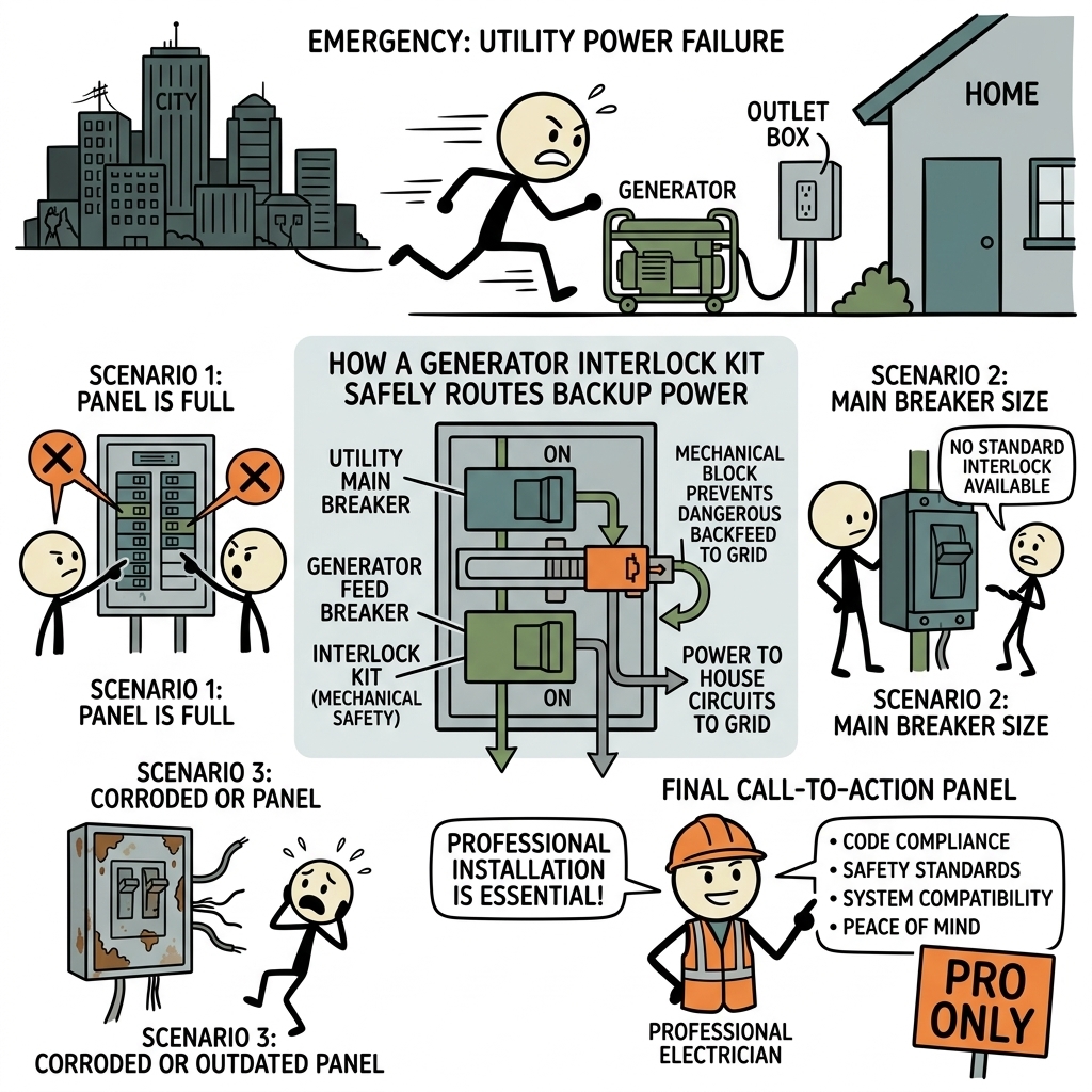 SC-style illustration for A practical guide explaining how a generator interlock kit safely routes emergency backup power to your home breaker panel and highlighting the specific scenarios where professional installation is essential.