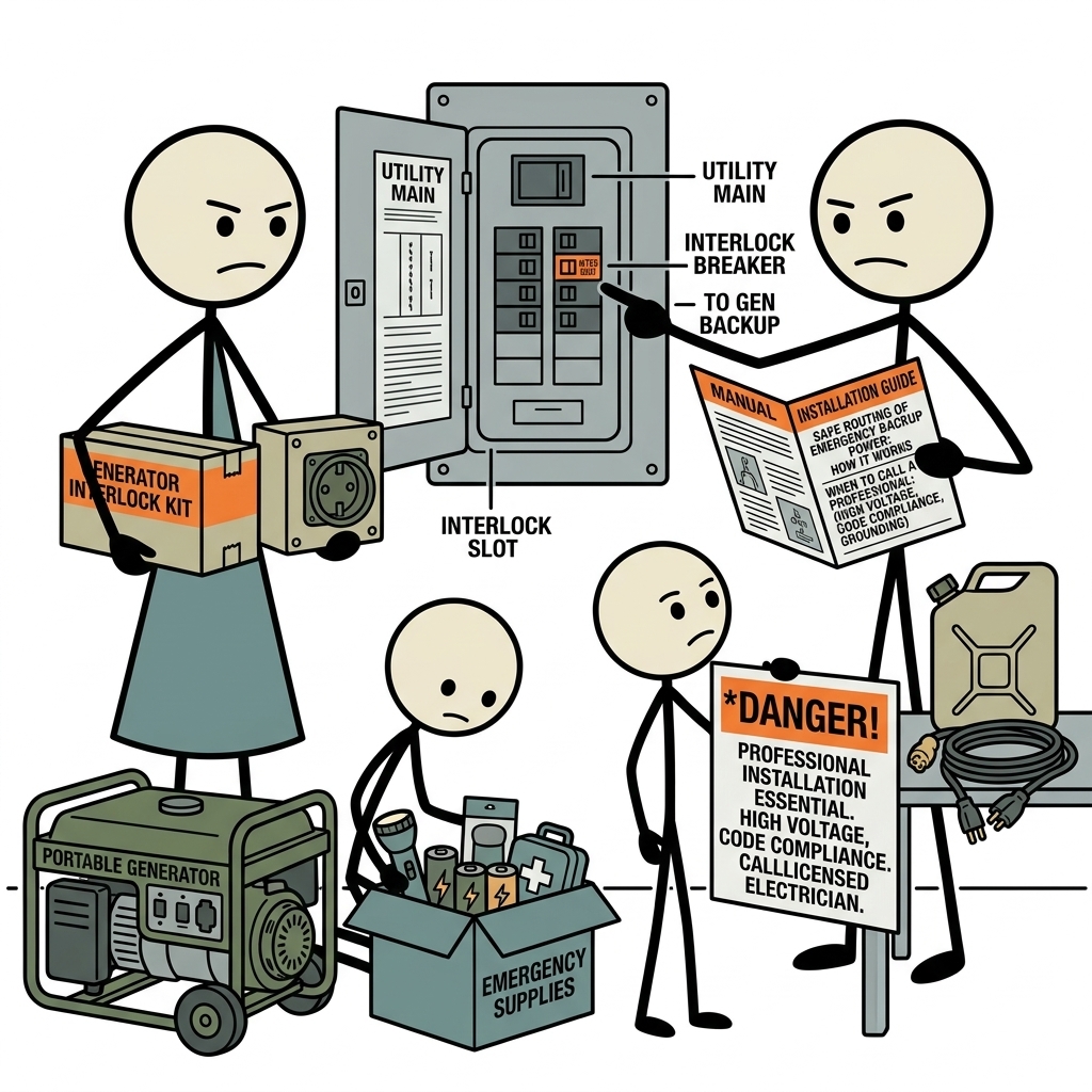 SC-style illustration for A practical guide explaining how a generator interlock kit safely routes emergency backup power to your home breaker panel and highlighting the specific scenarios where professional installation is essential.