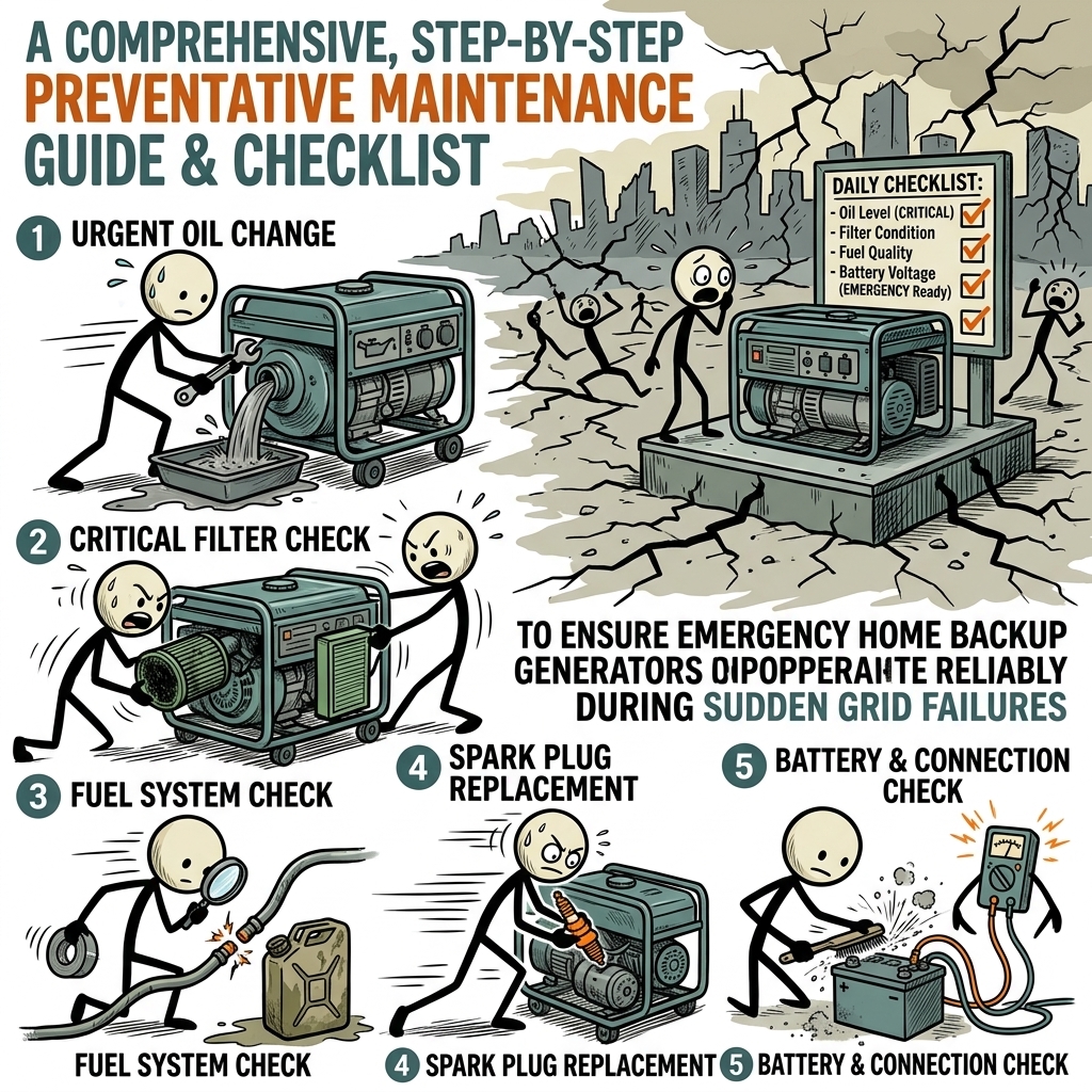 SC-style illustration for A comprehensive, step-by-step preventative maintenance guide and checklist designed to ensure emergency home backup generators operate reliably during sudden grid failures.