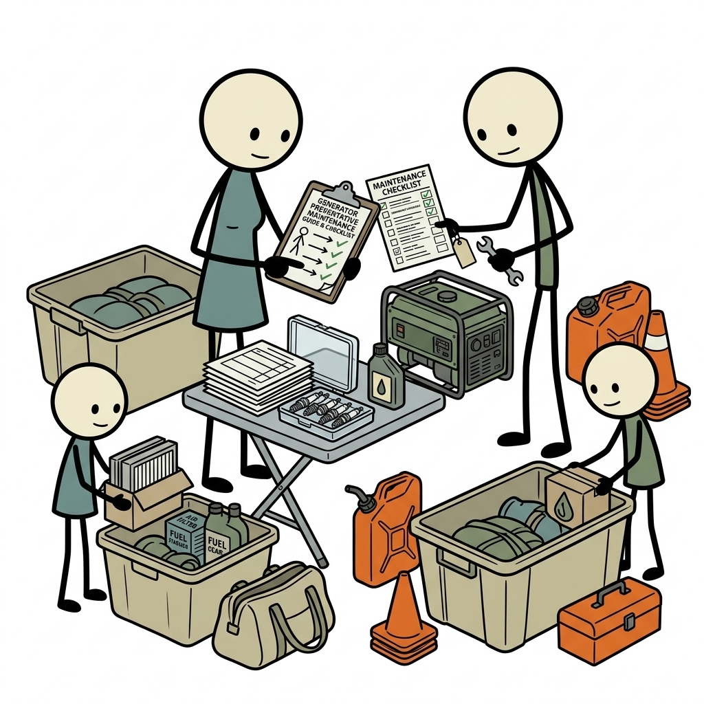 SC-style illustration for A comprehensive, step-by-step preventative maintenance guide and checklist designed to ensure emergency home backup generators operate reliably during sudden grid failures.