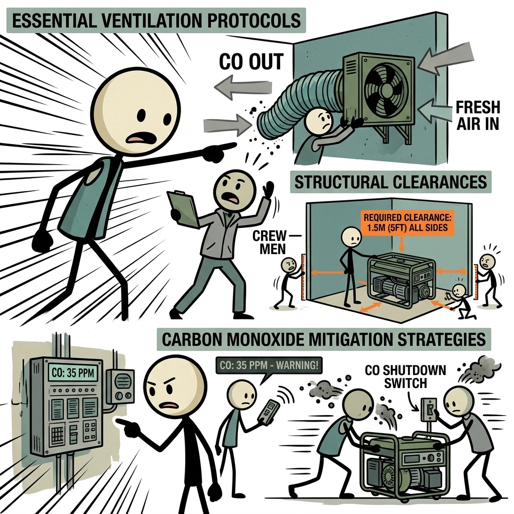 SC-style illustration for A comprehensive guide detailing essential ventilation protocols, structural clearances, and carbon monoxide mitigation strategies for safely operating a generator in an enclosure.