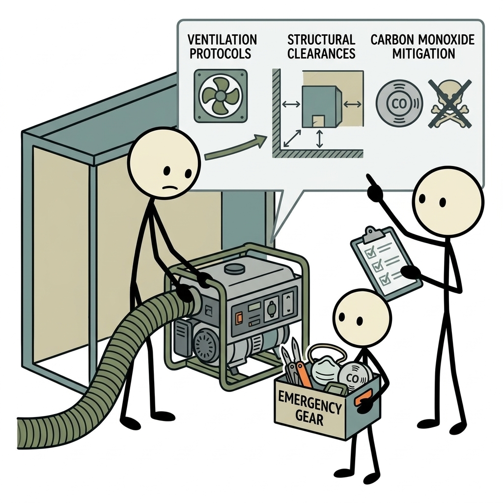SC-style illustration for A comprehensive guide detailing essential ventilation protocols, structural clearances, and carbon monoxide mitigation strategies for safely operating a generator in an enclosure.