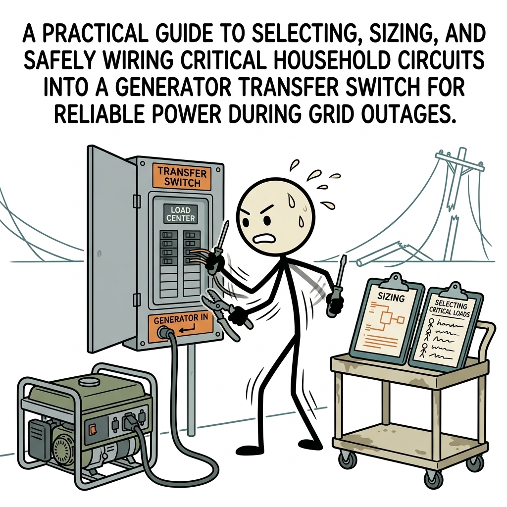 SC-style illustration for A practical guide to selecting, sizing, and safely wiring critical household circuits into a generator transfer switch for reliable power during grid outages.