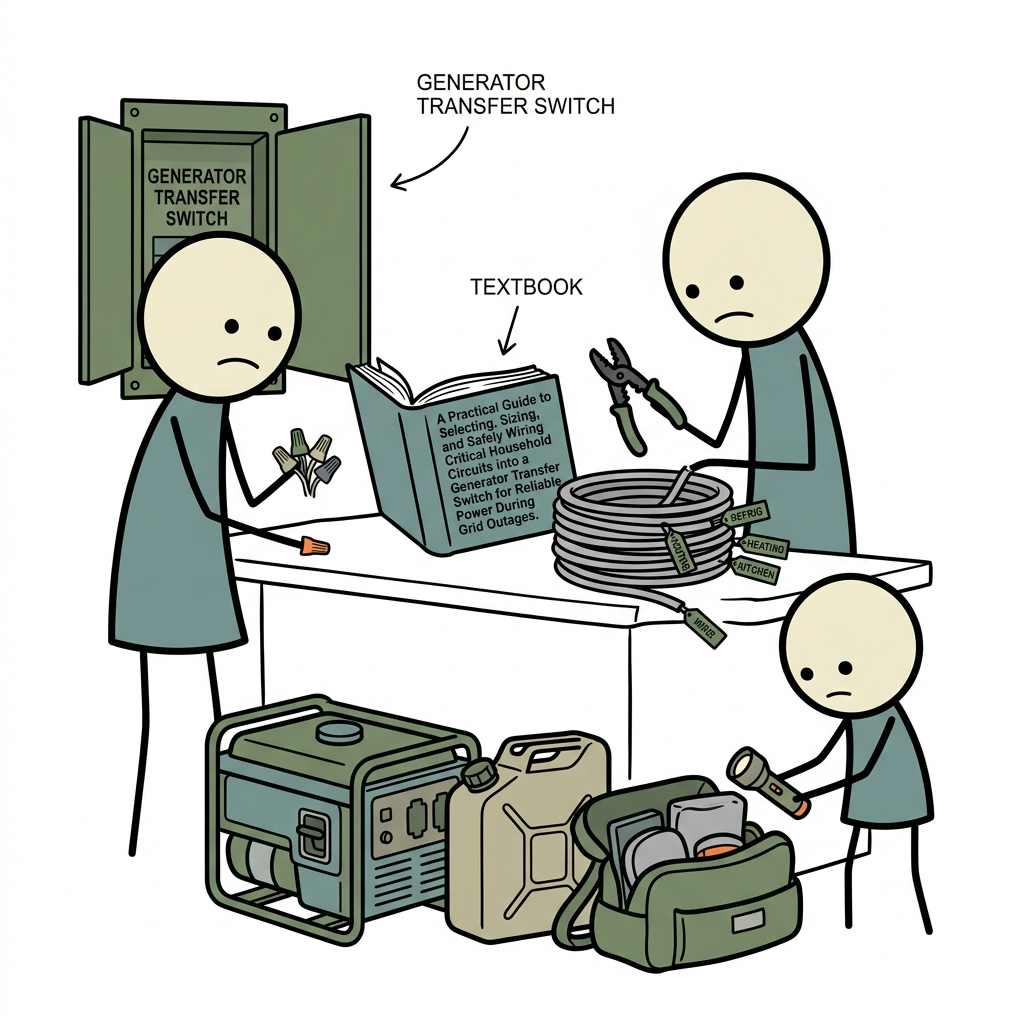 SC-style illustration for A practical guide to selecting, sizing, and safely wiring critical household circuits into a generator transfer switch for reliable power during grid outages.