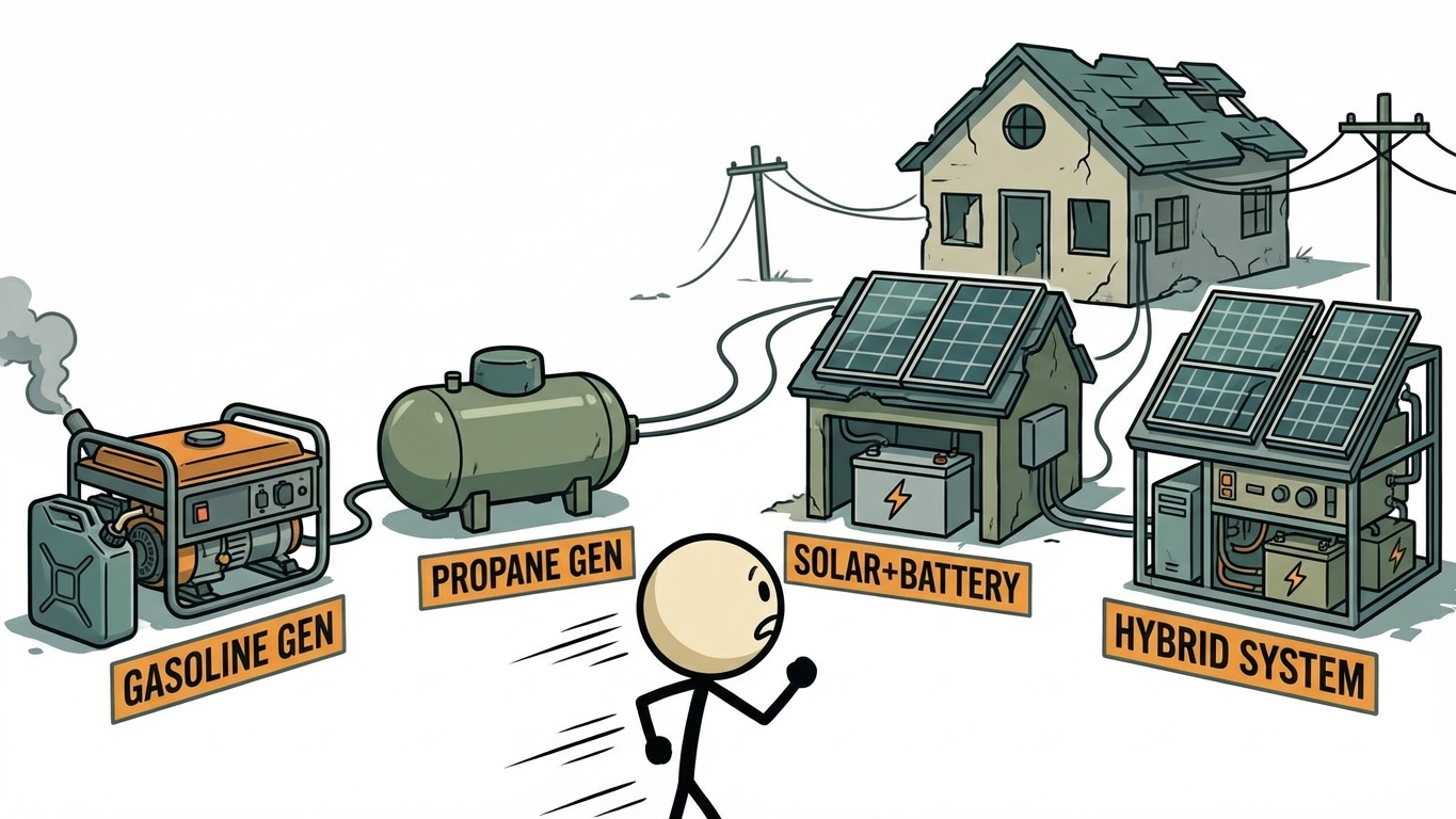 SC-style illustration for choosing home backup power systems for outages including gasoline, propane, solar plus battery, and hybrid setups