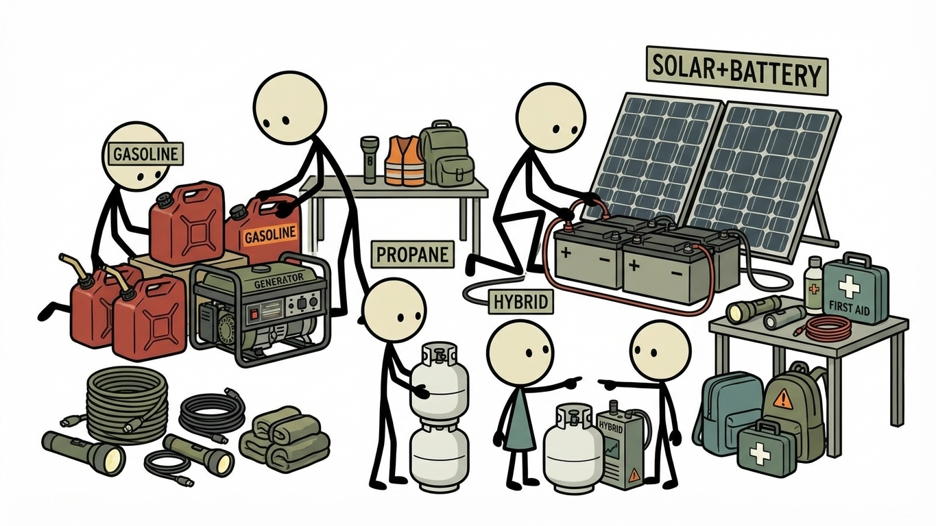 SC-style illustration for choosing home backup power systems for outages including gasoline, propane, solar plus battery, and hybrid setups